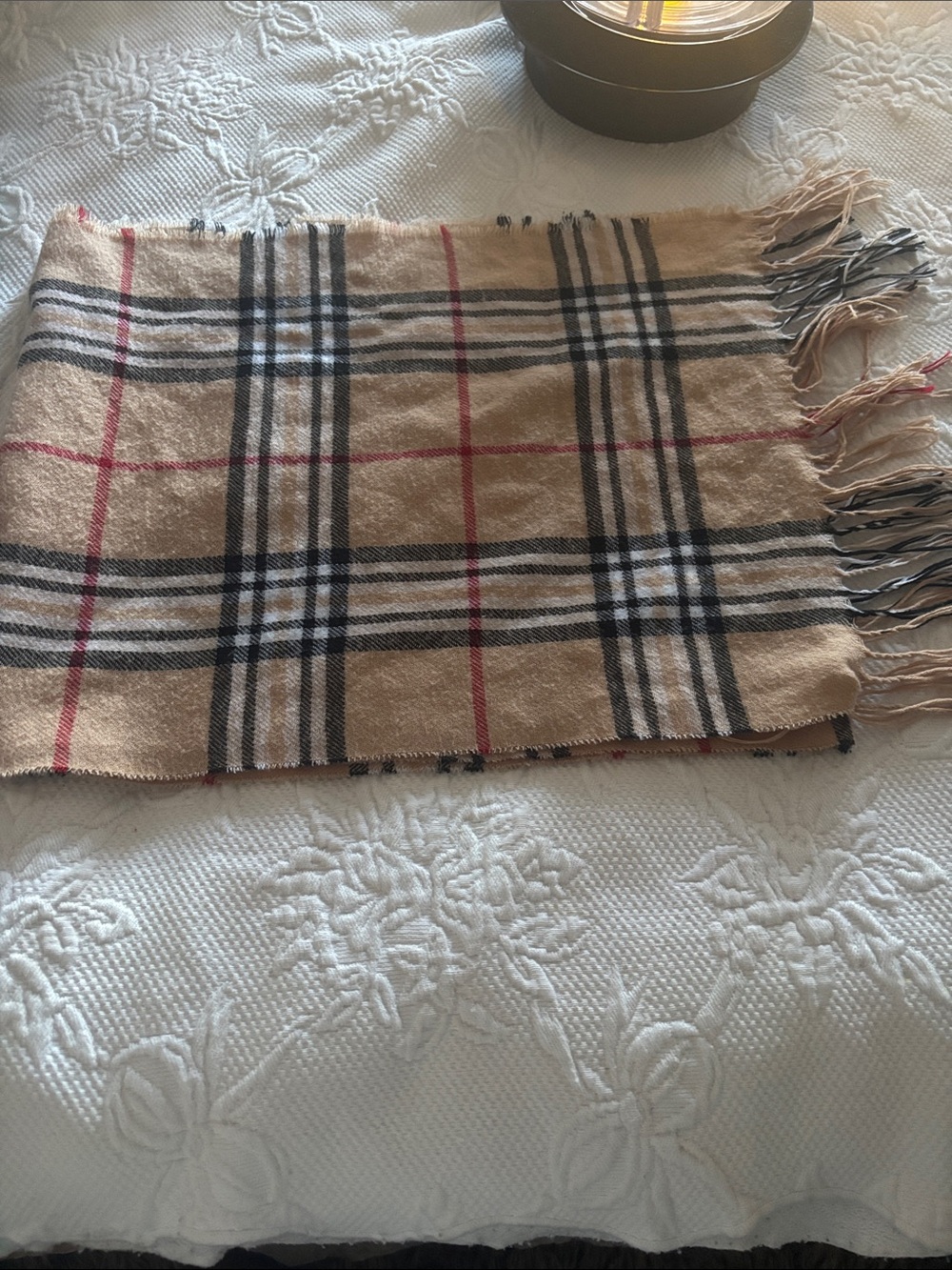 Beige Plaid Fringed Wrap Scarf